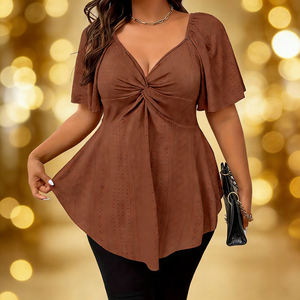 Oferta especial en Temu: Blusa para mujer de talla grande, color marrón, con cuello en V, manga corta, dobladillo asimétrico, estilo túnica informal y fluida. - Product Image 2