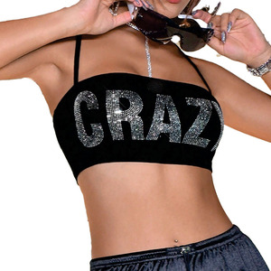 Trendy Women Rhinestone Letter Tube Crop Top Custom Strap Party Streetwear Crop Tank Tops Sleeveless Sparkly Top Women's <b>shirt</b> - Product Image 1