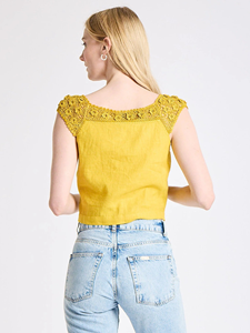 Top corto da donna senza maniche in cotone con bottoni frontali in pizzo all'uncinetto, top casual estivo giallo - Product Image 3