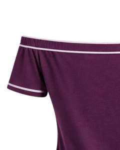 T-shirt femme violet prune à épaules dénudées avec bordure rayée blanche, manches courtes, coupe ajustée, décontracté, haut d'été, fabricant OEM personnalisé - Product Image 5