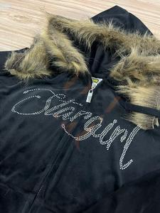 Women's Crop Top Velour Hoodie Custom Zip Up Women's Crop Velvet Fur Hoodie Custom <b>Zipper</b> And Rhinestones Logo - Product Image 4