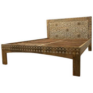 Traditional Handcrafted Solid Teak <b>Wood</b> <b>Platform</b> <b>Bed</b> with Intricate Inlay Headboard Eco-Friendly Premium <b>Bed</b> - Product Image 1