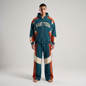 Ensemble de survêtement d'hiver pour homme, couleur unie, bleu sarcelle et orange, avec sweat à capuche zippé et pantalon large, style streetwear et sportswear, cool - Product Image 4