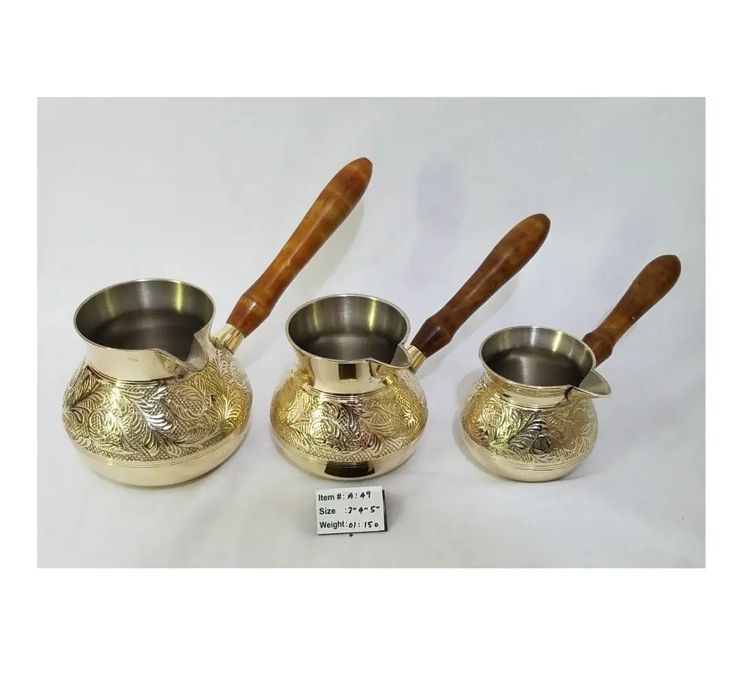 Hot selling whole sale price Brass Engraved Turkish Arabic Lbrik Briki Greek Coffee Pot with Wooden Handle