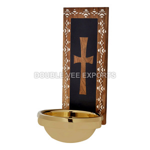 Fuente de Agua Bendita de Madera con Incrustaciones Blancas y Cuenco de Latón |   Letrero Decorativo para Montar en la Pared – DOUBLE VEE EXPORTS - Product Image 2