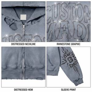 Sweat à capuche zippé personnalisé pour homme, coupe ample, effet vieilli, avec motif en strass, en molleton épais, style streetwear vintage, surdimensionné, OEM - Product Image 4