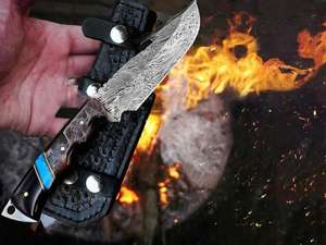 Damascus Steel Drop Point Hunting Knife With Wood Handle Blue Inlay Non Adjustable Blade Outdoor Survival <b>Tool</b> - Product Image 4