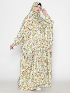 Charming Ombre Olive Leaf Print Long Maxi Abaya with Integrated <b>Hijab</b> Lightweight Breathable Traditional Muslim Dress For Women - Product Image 4