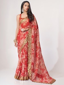<b>Red</b> Silk <b>Saree</b> With Floral Print And Gold Embroidered Border Traditional Indian Wedding Wear For Women - Product Image 6