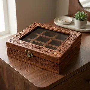 Boîte à épices en bois artisanale avec couvercle et cuillère, organisateur d'épices de cuisine à 9 compartiments, conteneur de rangement pour épices en bois - Product Image 5