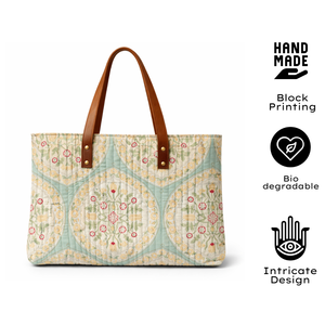 Premium Handmade Bohemian Hand Block Print Quilted Multi Pocket Cotton Tote <b>Bag</b> Floral Pattern Brown Leather Handles All Season - Product Image 2