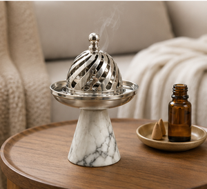 Brûleur d'encens en marbre blanc naturel de luxe, design moderne, support à bakhoor en métal de qualité supérieure pour la décoration de la maison, la méditation et le Ramadan - Product Image 4