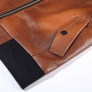 Men's Brown PU Leather Moto <b>Jacket</b> Stand Collar Zipper Closure <b>Slim</b> <b>Fit</b> Regular Sleeve Autumn Wear - Product Image 3