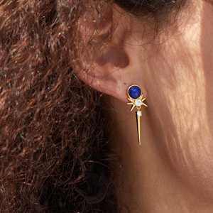 Boucles d'oreilles rétro pour femmes en argent 925 avec lapis-lazuli et diamant rond brillant cultivé en laboratoire (couleur G) pour un usage quotidien - Product Image 3