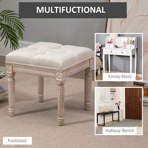 Antique 15.75\" Tufted Foot <b>Stool</b> Vintage Ottoman Rustic Wood Legs Beige Upholstered Seat Bench for Home Office <b>Bedroom</b> Living - Product Image 6