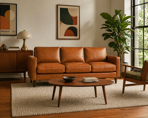 Leather <b>Sofa</b> for Mid Century Modern Living Room Cognac Genuine Leather Couch Minimalist Design Solid Wood Legs Leather <b>Sofa</b> - Product Image 1