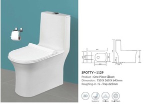 WC monobloc avec dimensions 750x360x645 mm, siphon en S de 225 mm, et système de chasse siphonique exceptionnel avec double chasse 2D - Product Image 3