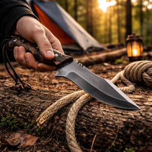 Cuchillo de caza y camping hecho a mano, hoja de acero de Damasco, punta de caída, filo recto, 4 mm de grosor, mango de madera, funda de cuero - Product Image 3