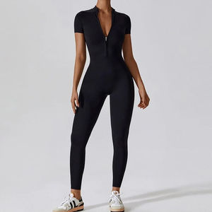 Combinaison de fitness pour femme, coupe ajustée, sans manches, demi-zip, body de yoga, couleur personnalisée, ensemble de sport 2 pièces, taille haute, couleur unie - Product Image 5