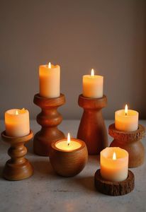 Portavelas Rústico de Roble, Soporte de Madera para Velas, Forma Cónica, Tres Soportes, Acabado Marrón Oscuro, Decoración para el Hogar - Product Image 4