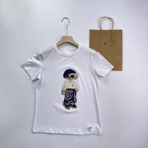 2026 Summer Korean Style New Round Neck Little Bear Animal Pattern Embroidery Pure Cotton Short Sleeve T Shirt for Women - Product Image 4