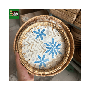 Elegant Lacquered Mother-of-Pearl Inlay <b>Tray</b> Mix Rattan Serving <b>Tray</b> Unique Mosaic Rattan <b>Tray</b> for <b>Coffee</b> <b>Table</b> Decor - Product Image 3