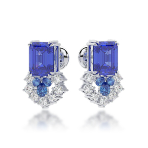 Boucles d'oreilles de luxe pour femmes en or massif 18 carats avec saphirs et diamants ronds taille brillant, design géométrique, bijoux de mariage - Product Image 4