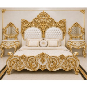 Juego de Dormitorio de Madera de Teca Hecho a Mano Estilo Turco con Acabado en Blanco y Dorado, Compre Cama King Size con Mesitas de Noche, Muebles Premium para el Hogar - Product Image 1