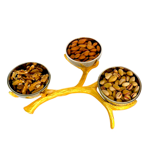 Golden Bird Tree Design 3 Compartment Dry Fruit <b>Tray</b> Metal Polished Finish Modern <b>Storage</b> <b>Trays</b> for Table Use - Product Image 5