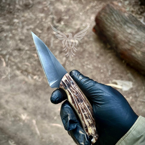 Couteau de chasse à lame fixe fait main avec manche en bois de cerf naturel et lame en acier inoxydable poli, couteau de camping pour l'extérieur - Product Image 1