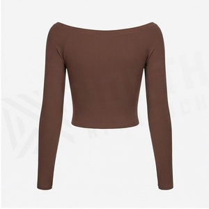 Haut court à manches longues et épaules dénudées, marron uni, sans couture, pour le yoga, vêtements de sport pour femmes - Product Image 4