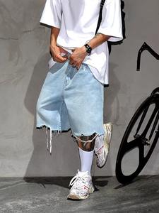 Shorts en jean baggy tendance pour hommes, déchirés, personnalisés, à ourlet brut, coupe ample, délavage vintage, style streetwear décontracté, vente en gros OEM - Product Image 5