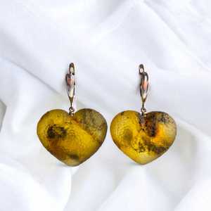 Carved Natural Baltic Amber Heart Earrings Large Teardrop Silver Chunky <b>Drop</b> Gemstone Jewelry Gift For Women - Product Image 1