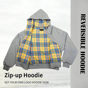Heavyweight Fleece Reversible Style Men's Zip Up <b>Hoodie</b> Custom Design Oversized Check Pattern Men's Casual Hoodies With Pockets - Product Image 1
