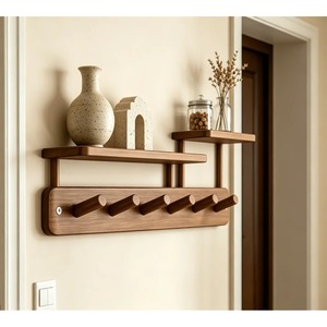 Wood Wall Mounted <b>Hook</b> Rack With 5 <b>Hooks</b> And <b>Shelves</b> For Clothing Storage Minimalist Design Space Saving Multifunctional - Product Image 1