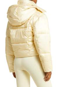Women's Cream Quilted Hooded Winter <b>Jacket</b> Full Sleeve Short Length Polyester Wadding Zipper Closure - Product Image 3