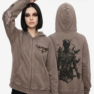Veste à capuche zippée marron délavée pour femme, motif papillon chenille de la mort, effet vieilli, tons terreux, coupe oversize, style streetwear, vente en gros - Product Image 1