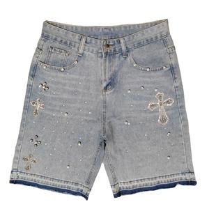 Nouveaux shorts en jean hip-hop croisés à strass, coupe droite, respirants, entièrement ornés de diamants - Product Image 1