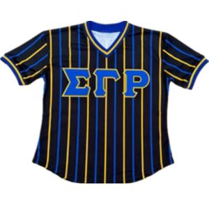 Sigma Gamma Rho Black Pinstripe Jersey SGRho Blue <b>Gold</b> Premium Greek Apparel Women Stylish Shirt - Product Image 1