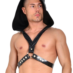 Harnais de poitrine en cuir noir avec capuche, ajustement réglable, idéal pour les tenues de club - Product Image 1