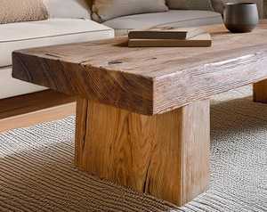 Table basse design en bois massif avec un look rustique minimaliste, bois naturel lourd et base robuste, idéale pour les salons modernes - Product Image 2