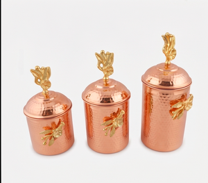 Set Of 3 Food <b>Storage</b> Bins In Copper With Hammered Design And Lid Perfect For Organizing Home And <b>Kitchen</b> Counter Space - Product Image 1
