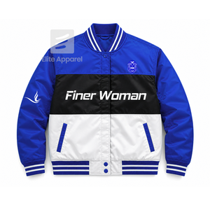 Chaqueta de carreras personalizada de la hermandad Zeta Phi Beta con logo bordado en azul y blanco, estilo racing para mujer con forro de poliéster. - Product Image 1