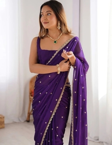 Sari indio de seda bordado con estampado de lunares, estilo fiesta, con diseño reversible y protección solar - Product Image 1