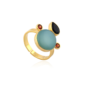 Hip hop <b>ring</b> sky blue chalcedony with hydro quartz <b>adjustable</b> <b>ring</b> solid brass 18k gold plated triple gemstone boho jewelry <b>ring</b> - Product Image 2