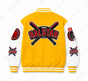 แจ็คเก็ตเบสบอลแบบ Varsity สีเหลืองขาวสั่งทำพิเศษ พรีเมียม ทำจากผ้าขนสัตว์ พร้อมป้ายปัก  ผู้ผลิตแบบ OEM/ODM - Product Image 4