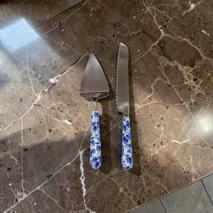 Floral Handle Cake Server <b>Set</b> Metal Blade Dishwasher Safe Wedding Utensils <b>Blue</b> Patterned Design - Product Image 5
