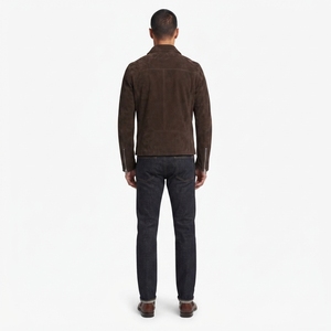 OEM Custom <b>Men's</b> Solid Espresso Goatskin <b>Suede</b> Breathable Sustainable Lined Moto Biker <b>Jacket</b> Asymmetric Zip Outerwear - Product Image 2