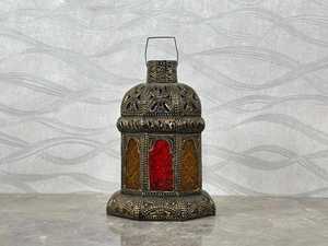 Handmade Moroccan Brass Lantern Boho <b>Candle</b> Holder with <b>Red</b> Glass Panels Ramadan Decor Islamic Festival Light Moroccan Art - Product Image 4