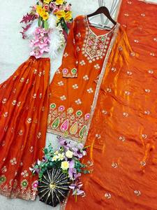 Ensemble Salwar en soie brodée orange avec dupatta, longueur au sol, tenue traditionnelle indienne et pakistanaise pour femmes, robe de mariage - Product Image 5
